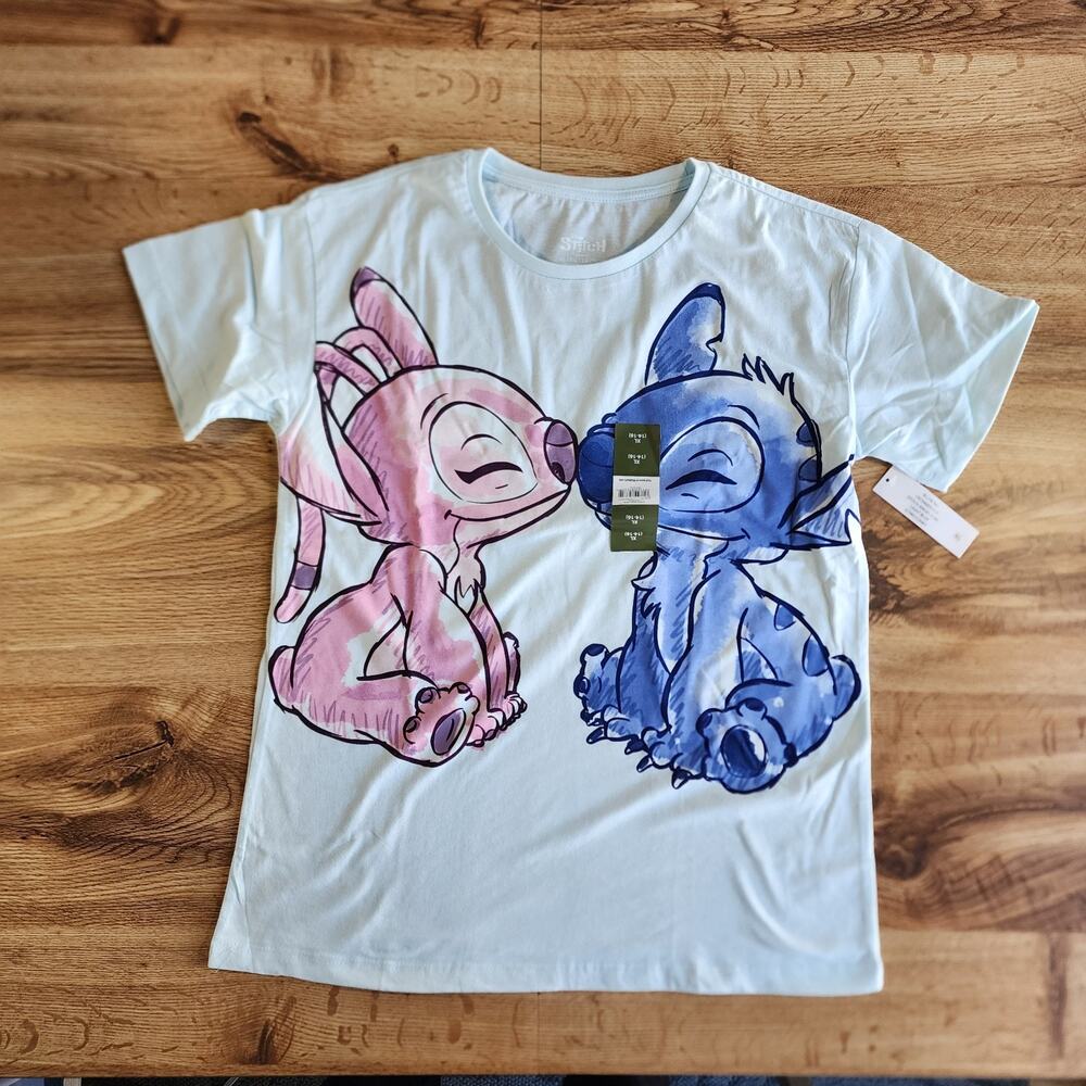 NWT Disney Stitch & Angel Love Theme SS Light Aqua Blue Soft Tee Girls' XL 14/16